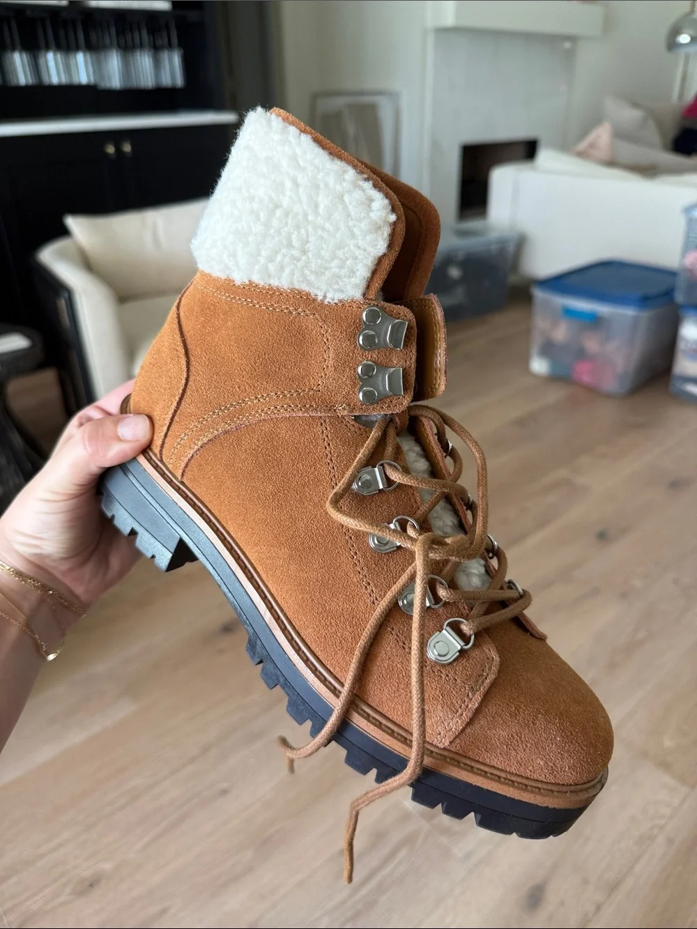Marc Fisher Women's Tan Suede Shearling-Collar Hiking Boots